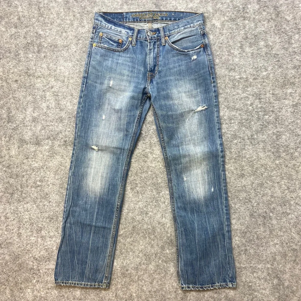 Vintage American Eagle Original Straight Jeans Mens 28x30 Blue Distressed Denim